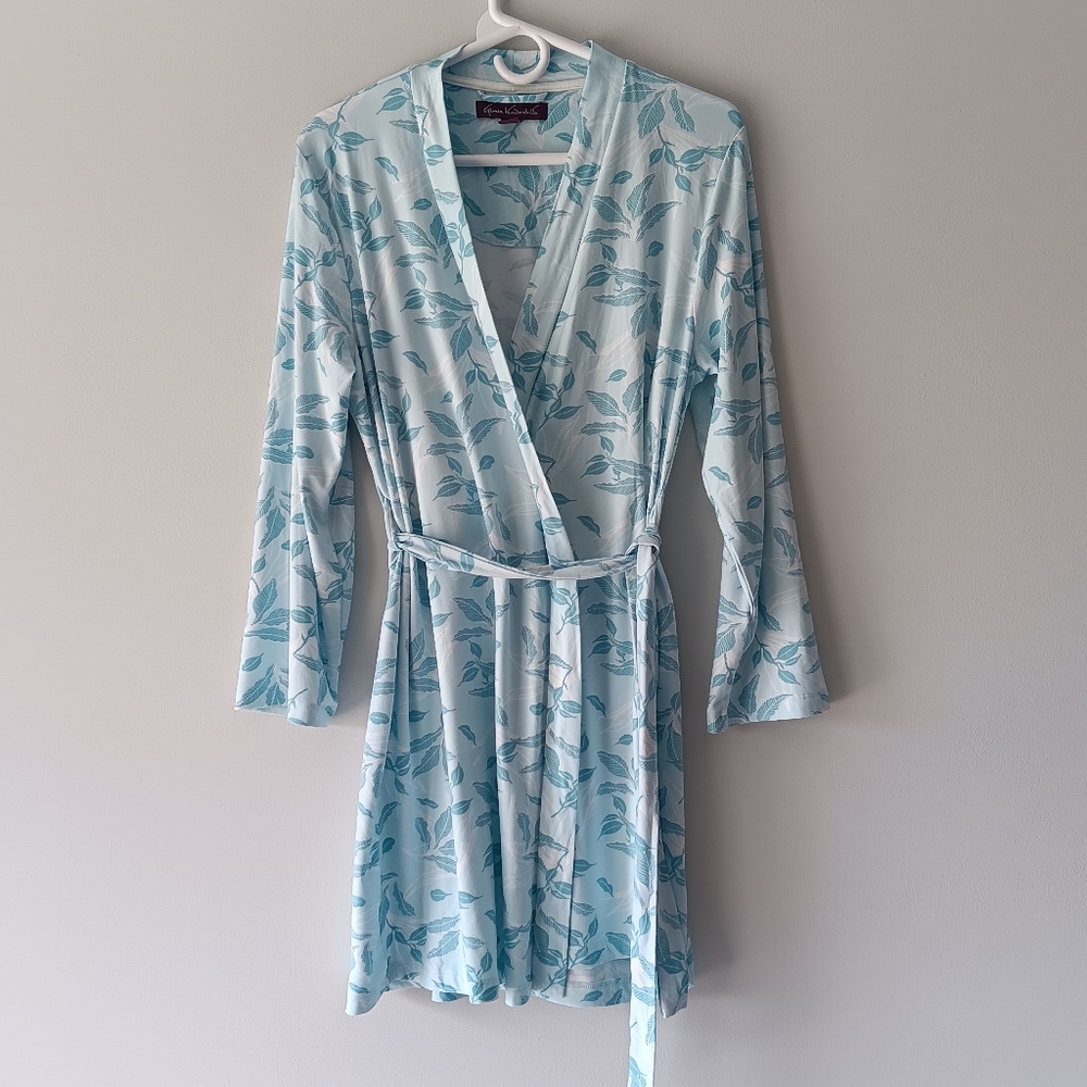 Gloria Vanderbilt Bathrobe Long-Sleeve Wrap V-Neck Leaves Blue Aqua Small